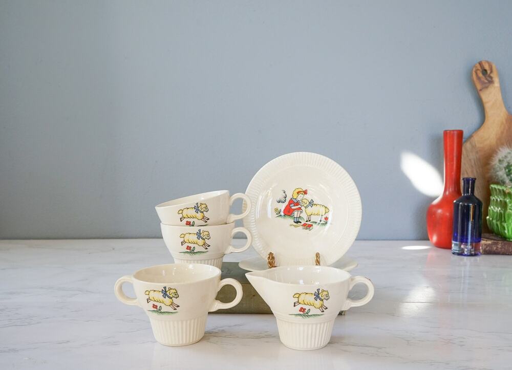 VTG 40s Mary Had A Little Lamb Child Tea Set MCM Nursery Rhyme Play Miniature